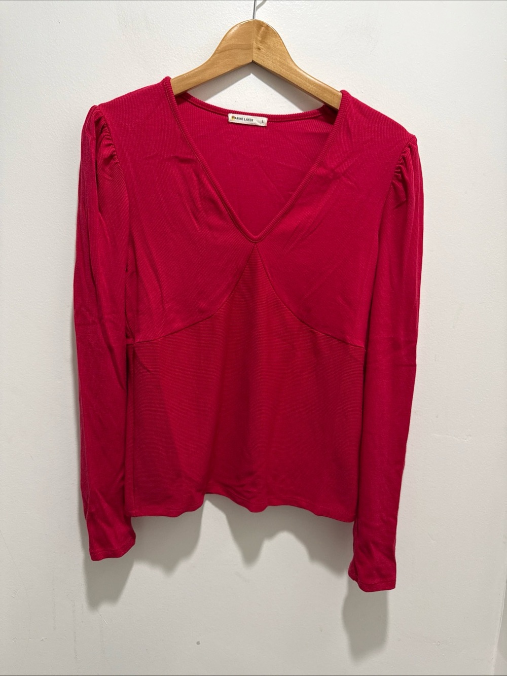 Marine Layer Lexi Top Women Sz M Puff Sleeve Rib Long Sleeve V-Neck Fuchsia Pink